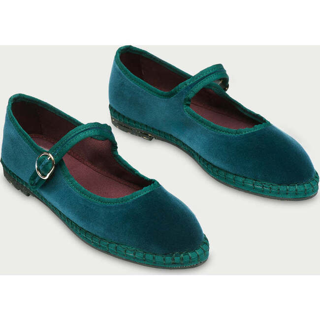 Women's Leonor Piped Velvet Mary Jane Shoes, Petrol Green - Mary Janes - 2
