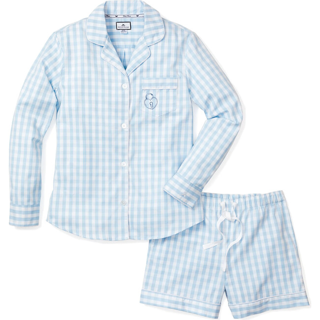 Petite Plume x Masionette Key To My Heart Embroidery Women's PJ Short Set, Light Blue Gingham