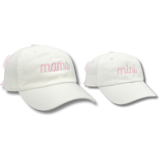 Mama & Mini Bow Baseball Hat Set, White with Pink Bow