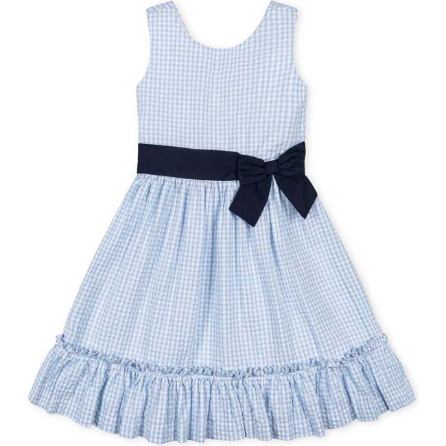Organic Sleeveless Special Occasion Seersucker Party Dress with Cross Back, Classic Blue Gingham