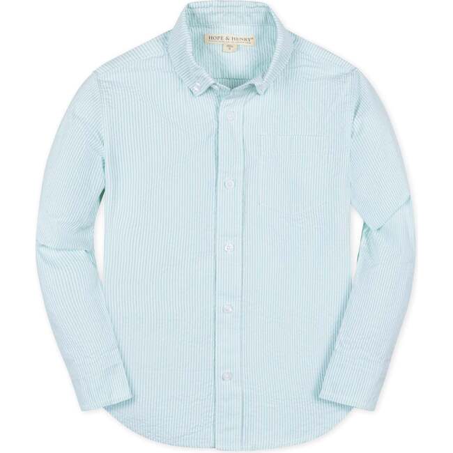 Organic Long Sleeve Seersucker Button Down Shirt, Mint Seersucker