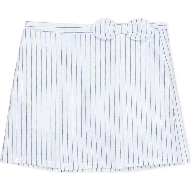 Linen Pull-On Pleated Bow Skort, White Court Pinstripe